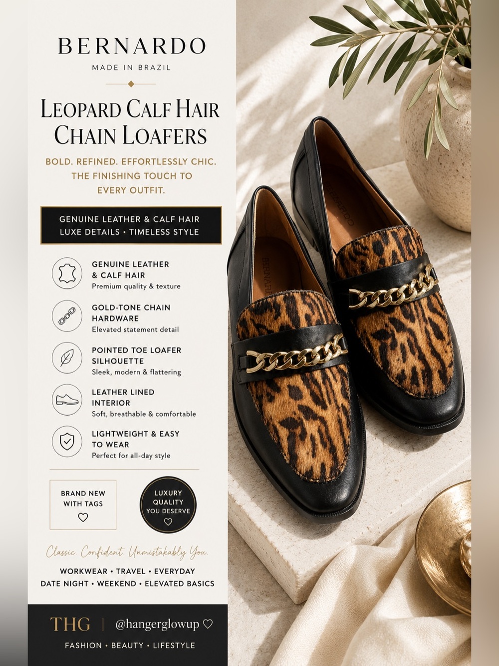 Bernardo Leopard Calf Hair & Leather Chain Loafers NWT